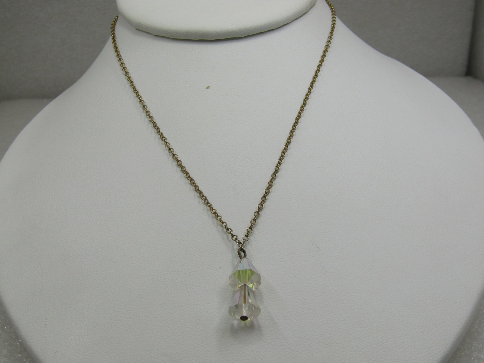 Vintage Aurora Borealis Crystal Drop Necklace, 15", Gold Tone - 4