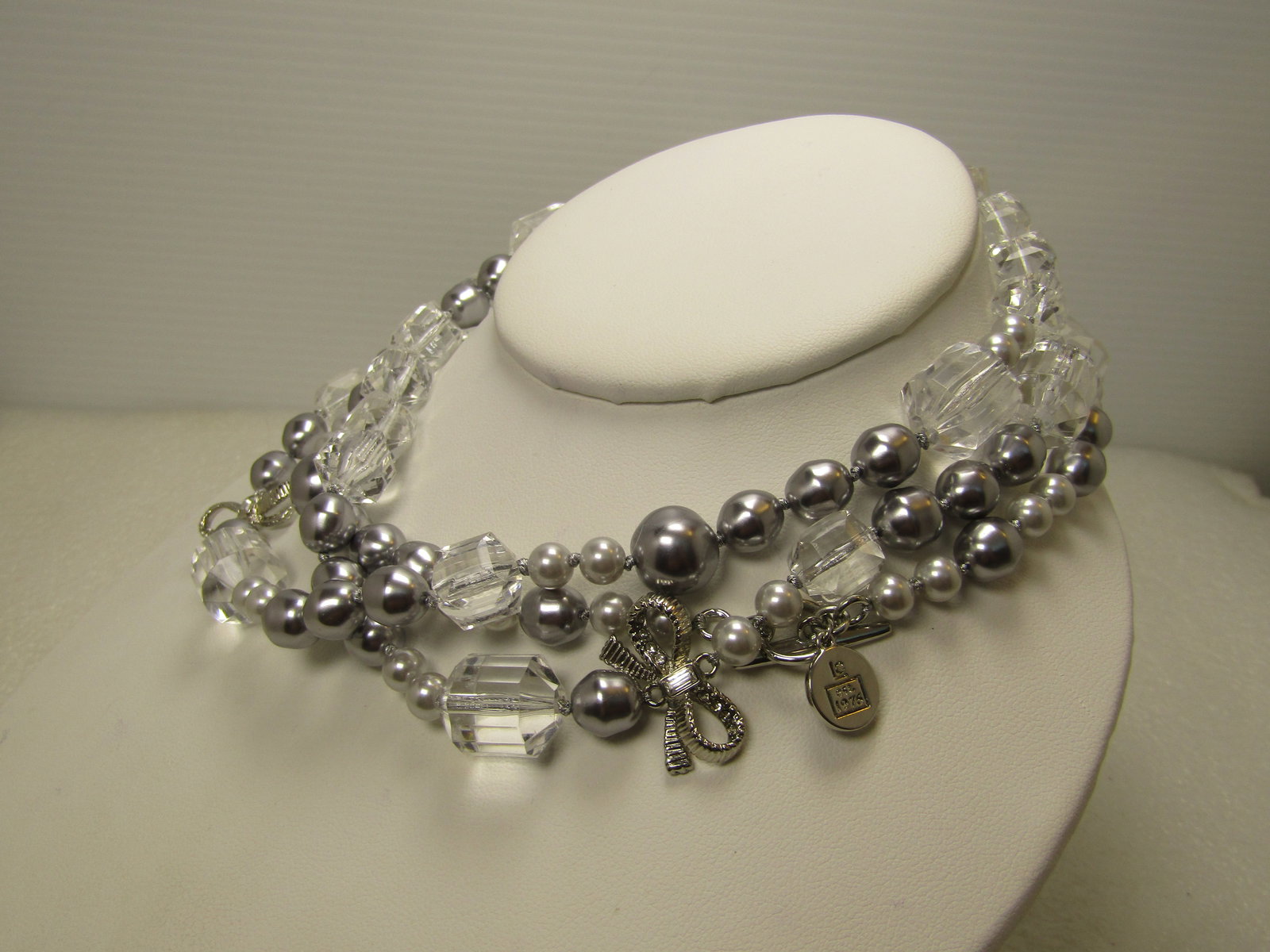 Vintage Clear, Silver Necklace, Faux Pearl and Crystal, 22", with Bows, Liz Claiborne, 1990's - 2