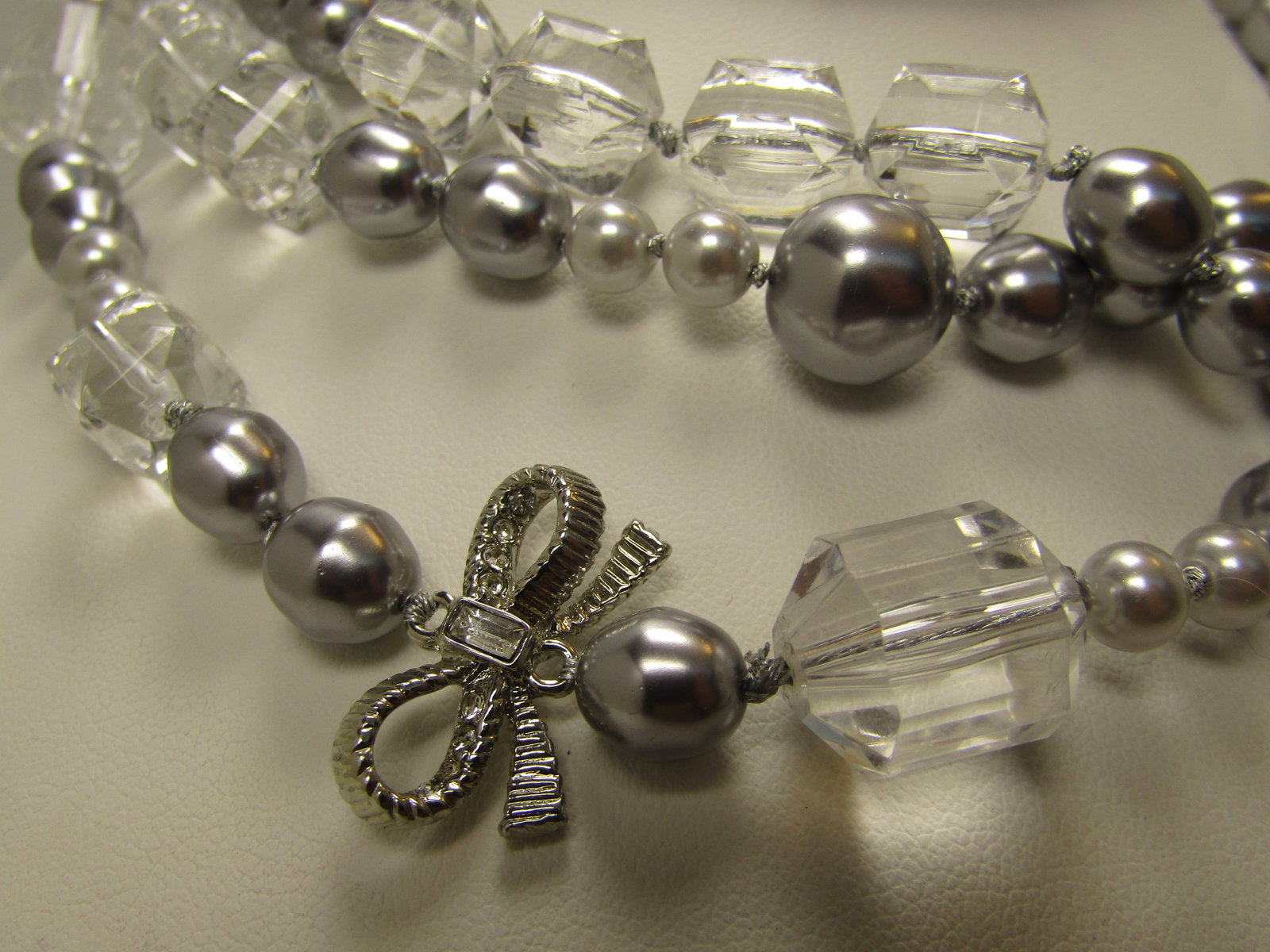 Vintage Clear, Silver Necklace, Faux Pearl and Crystal, 22", with Bows, Liz Claiborne, 1990's - 4