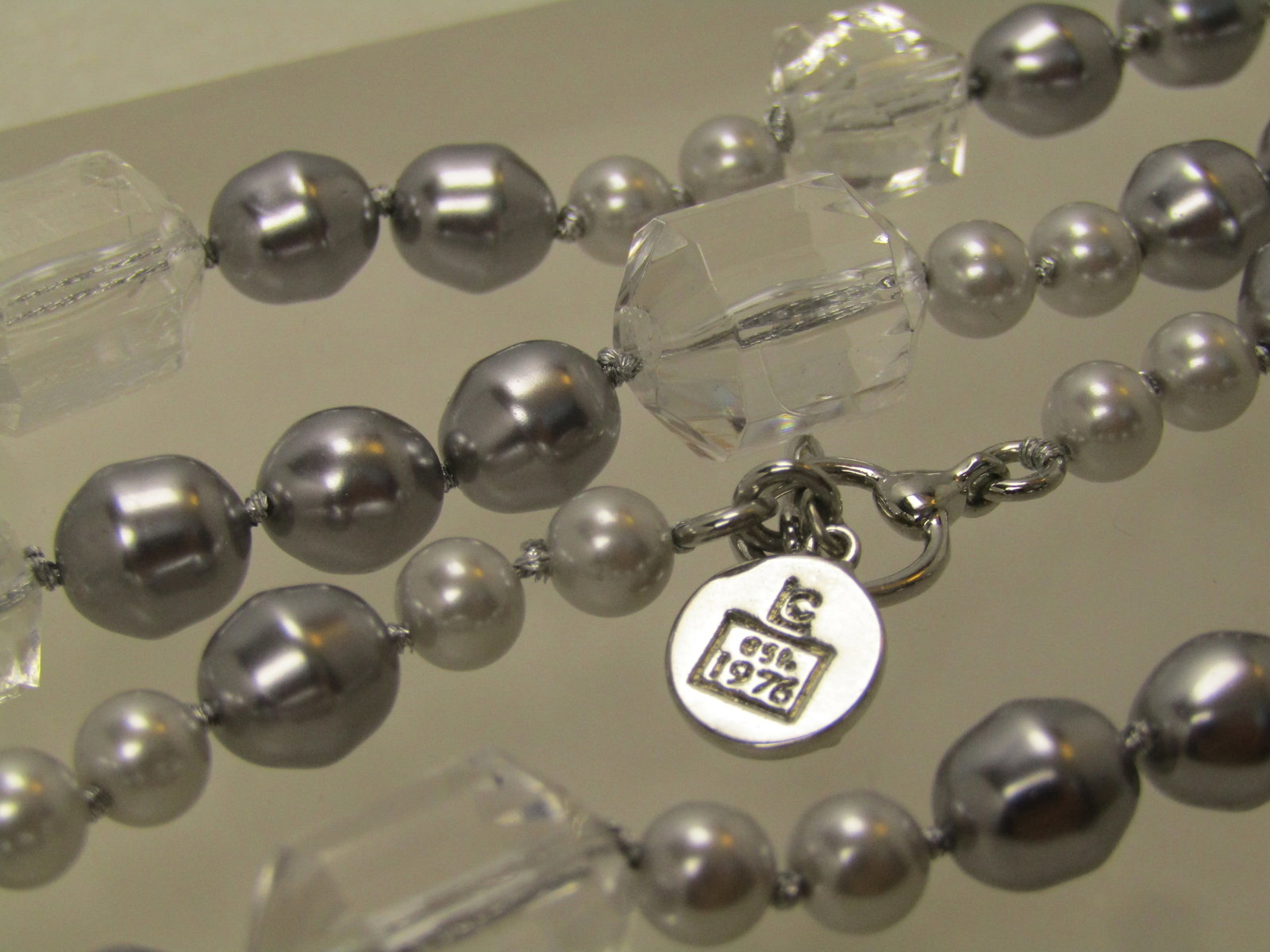 Vintage Clear, Silver Necklace, Faux Pearl and Crystal, 22", with Bows, Liz Claiborne, 1990's - 5