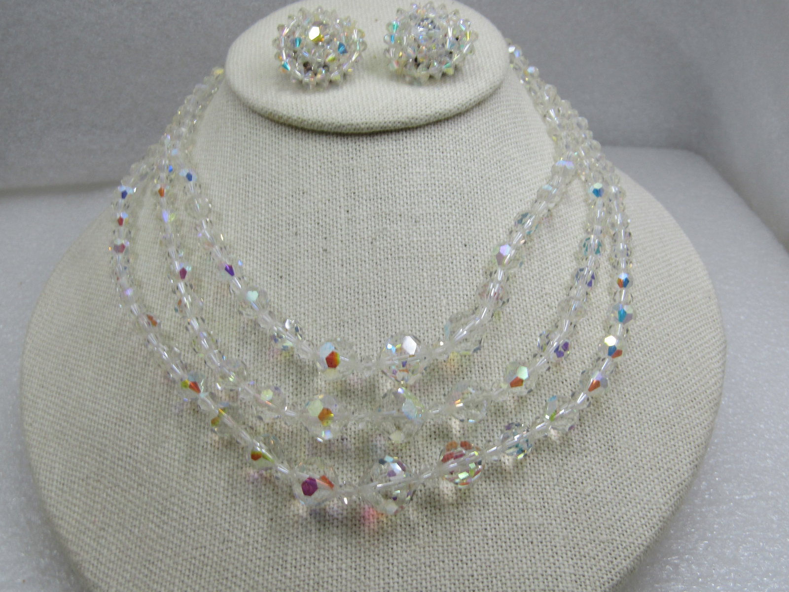 Vintage Crystal Aurora Borealis Beaded Necklace & Clip Earrings Set, 16" - 2