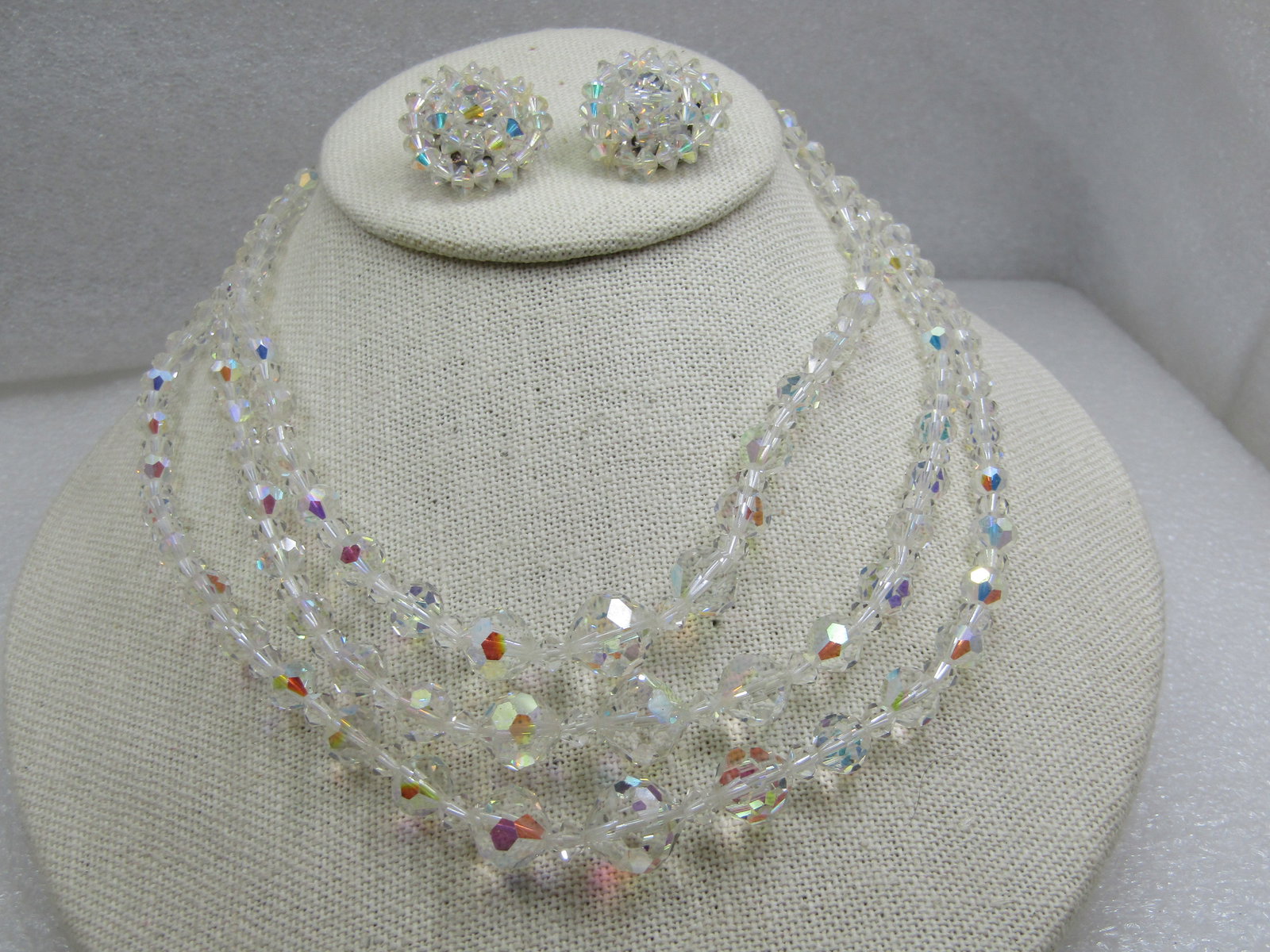 Vintage Crystal Aurora Borealis Beaded Necklace & Clip Earrings Set, 16" - 4