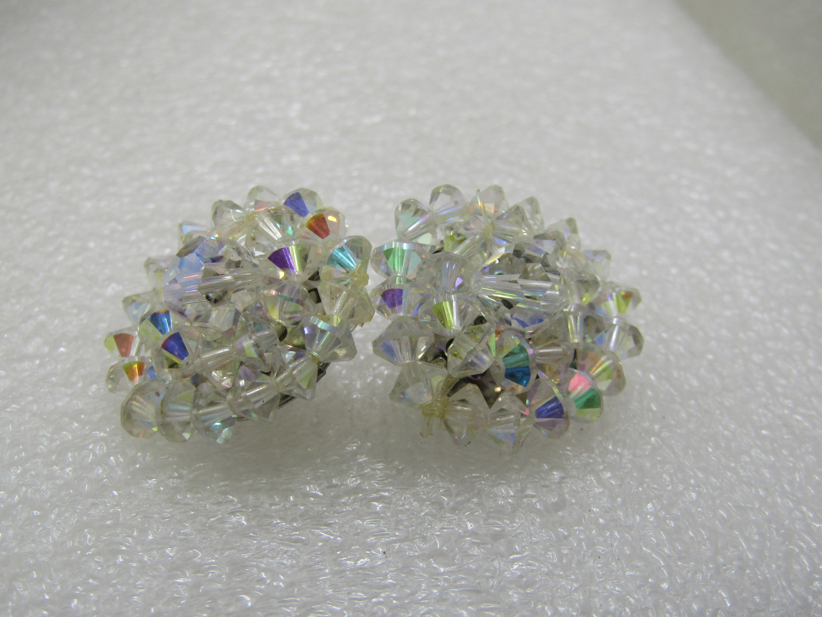 Vintage Crystal Aurora Borealis Beaded Necklace & Clip Earrings Set, 16" - 5