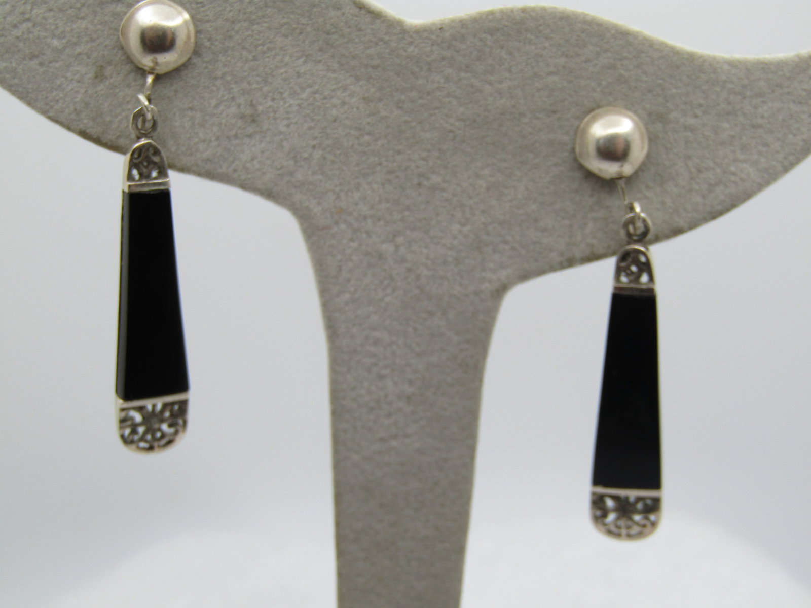 Vintage Sterling Onyx Drop/Clip Earrings, 1980's-1990's - 3