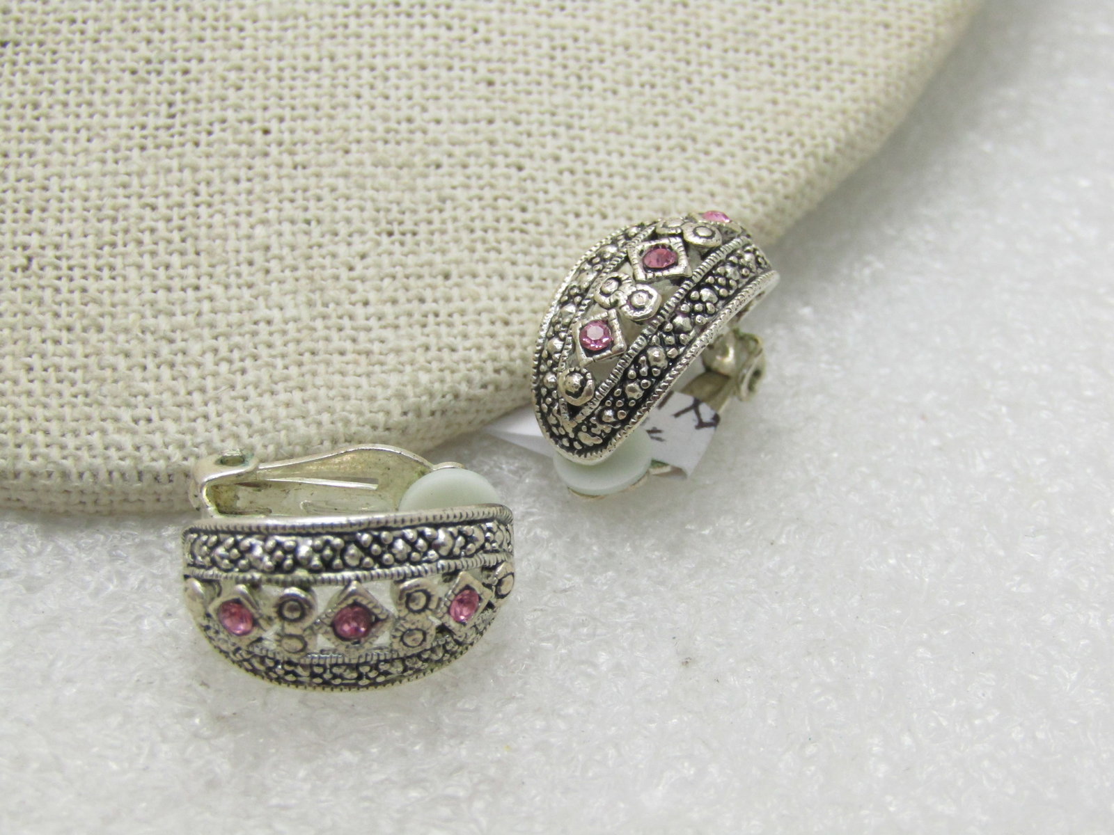 SIlver Tone Pink Clear Rhinestone Earrings, Clip. Silver Tone - 2