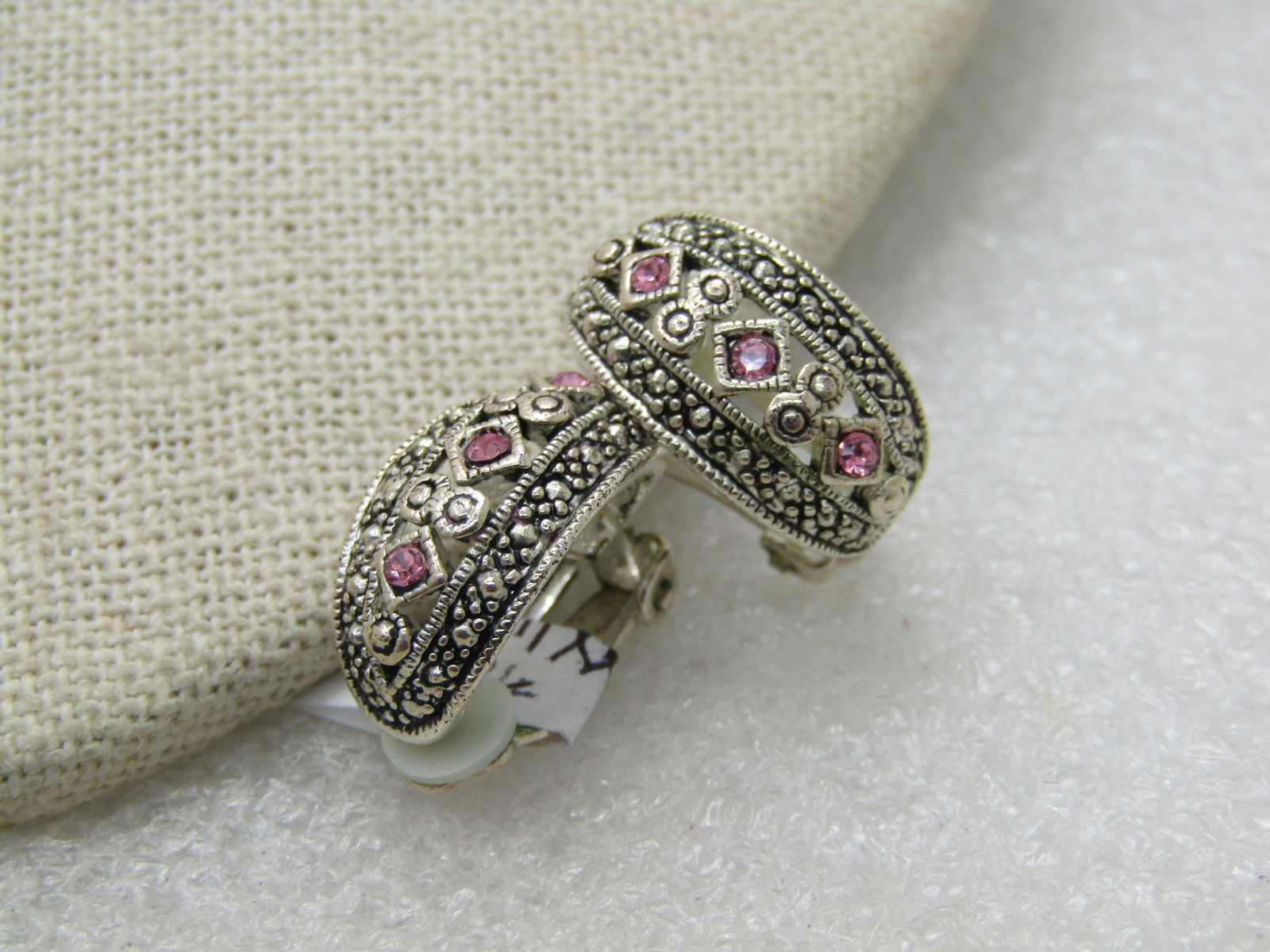 SIlver Tone Pink Clear Rhinestone Earrings, Clip. Silver Tone - 3