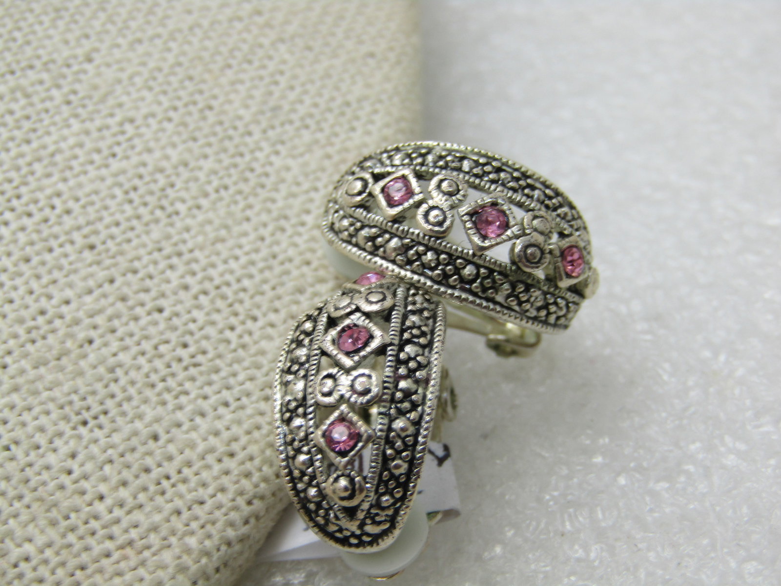 SIlver Tone Pink Clear Rhinestone Earrings, Clip. Silver Tone - 4