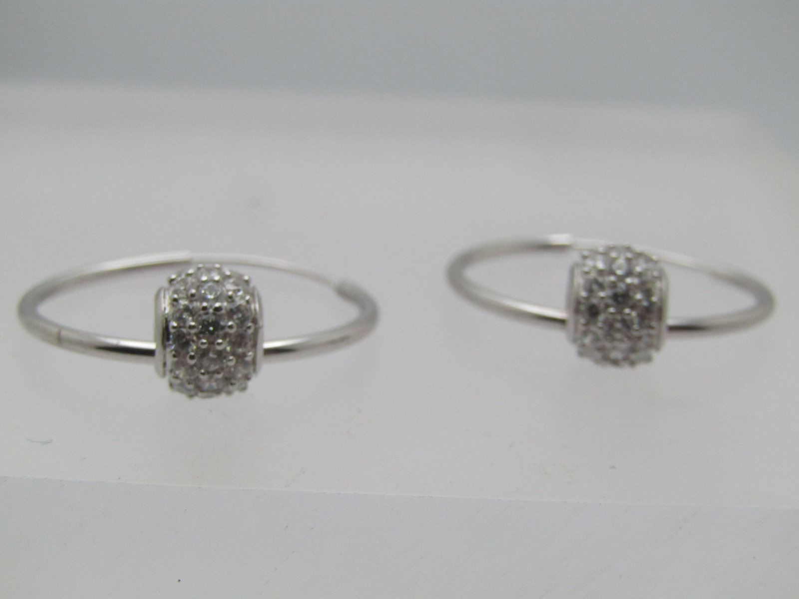 Sterling Silver CZ Hoop Earrings, Sliding Bead, Pierced, 1", 1990's-2000's - 6