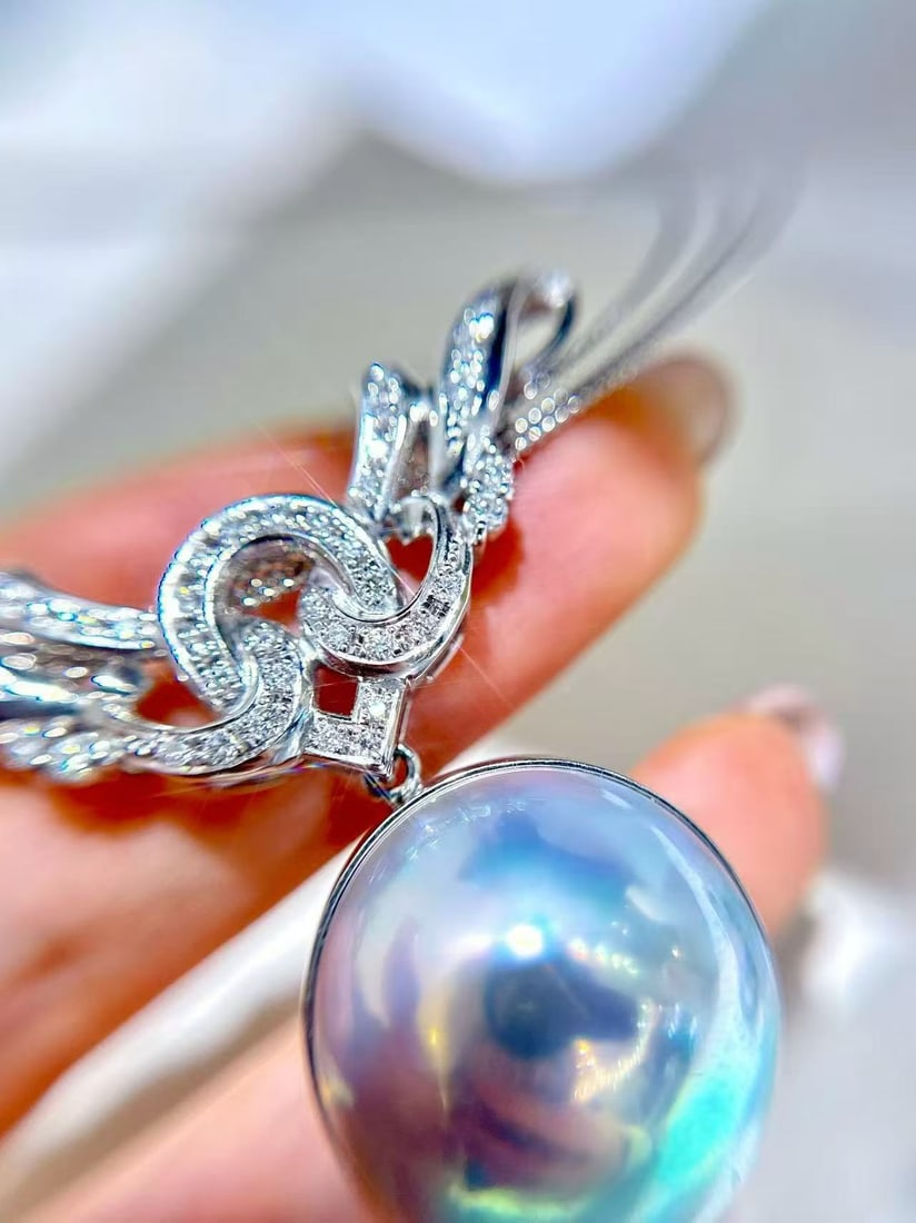 18K white gold blue mabe pearl necklace - 3