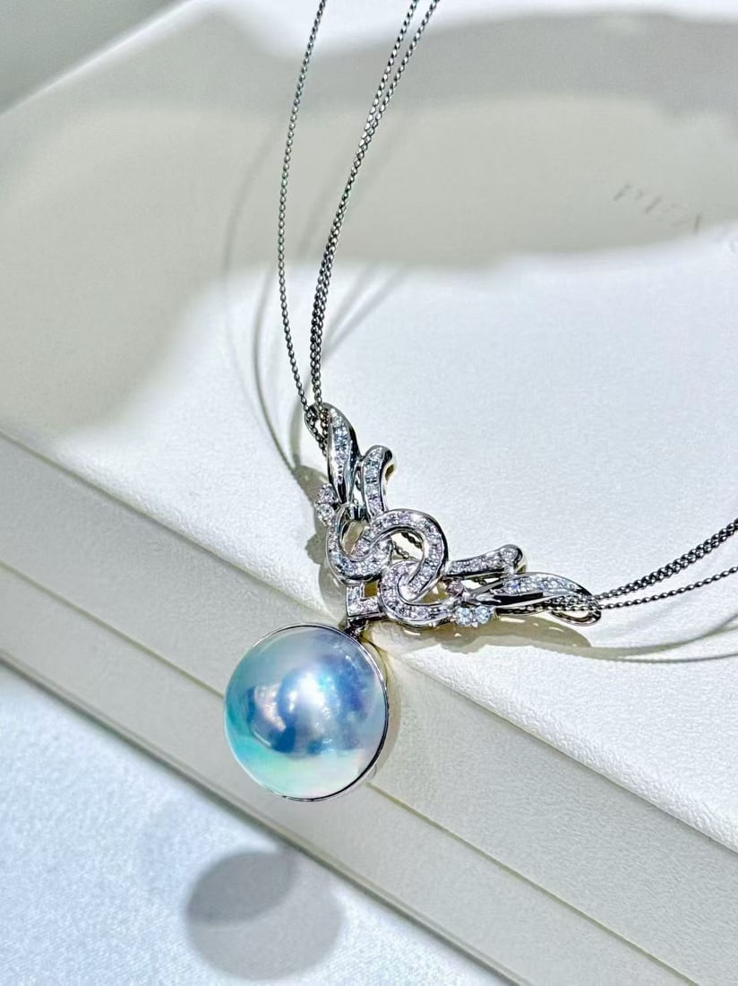 18K white gold blue mabe pearl necklace - 5