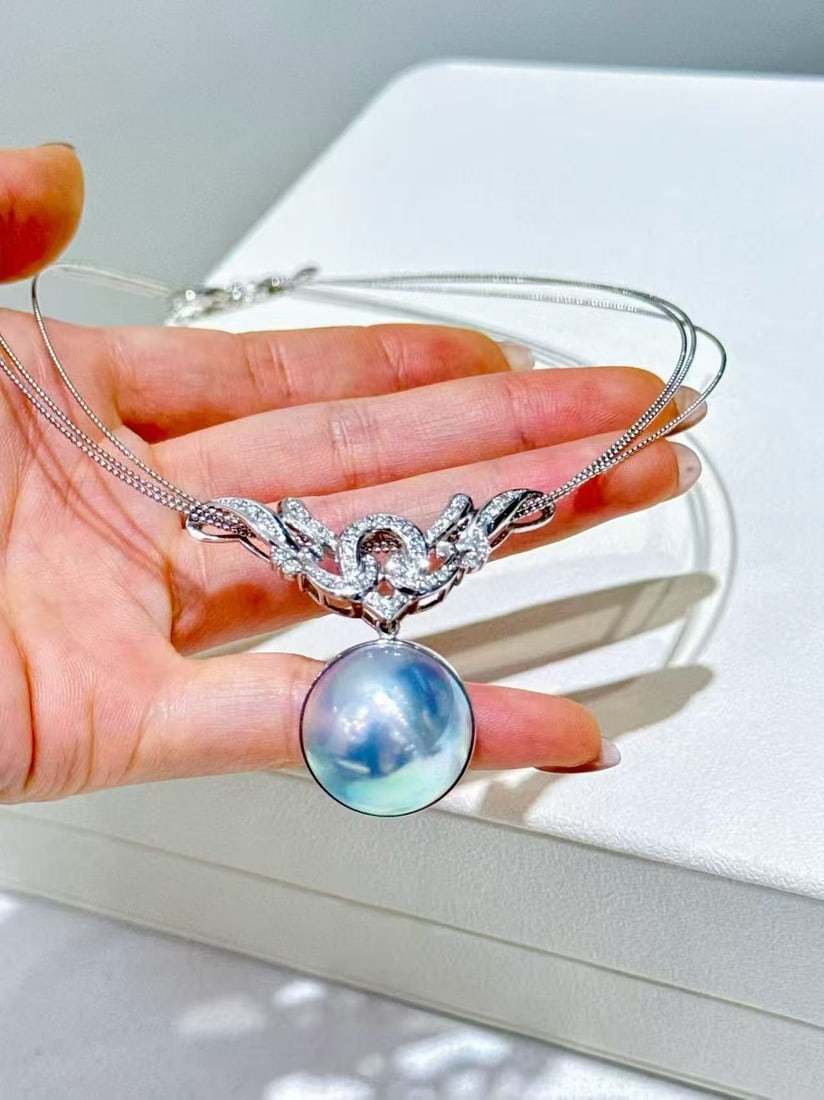 18K white gold blue mabe pearl necklace - 6