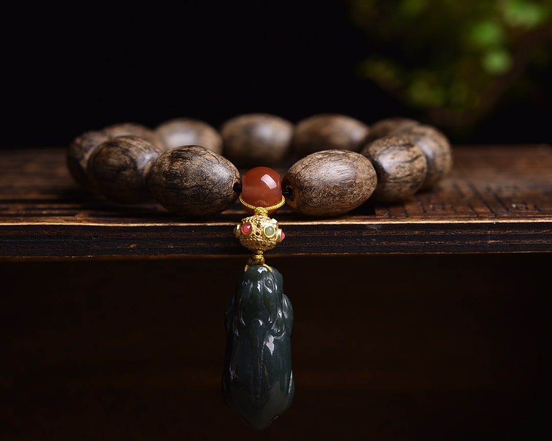 Agarwood, Southern Red Agate, and Jade Bead Bracelet - 2