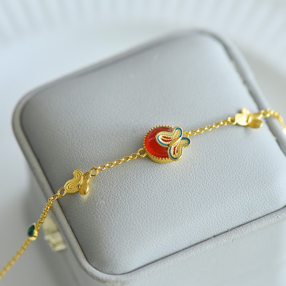 Silver Inlaid Red Agate Butterfly Bracelet - 2