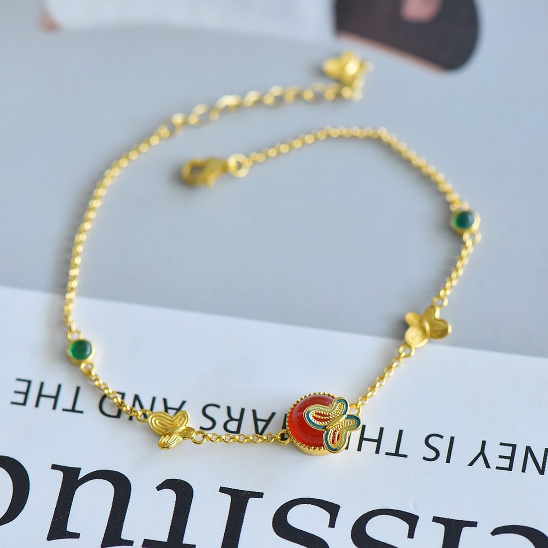 Silver Inlaid Red Agate Butterfly Bracelet - 4