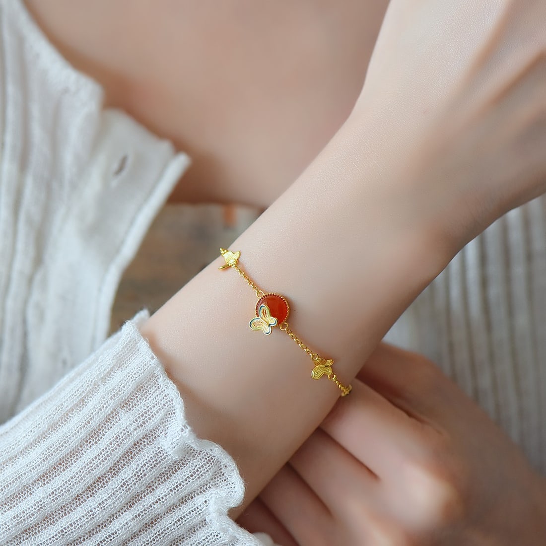 Silver Inlaid Red Agate Butterfly Bracelet - 6