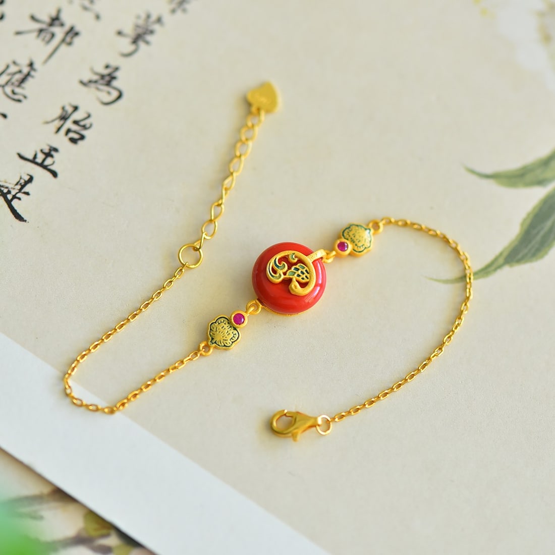 S925 silver inlaid with red cinnabar peacock safety buckle bracelet - 2