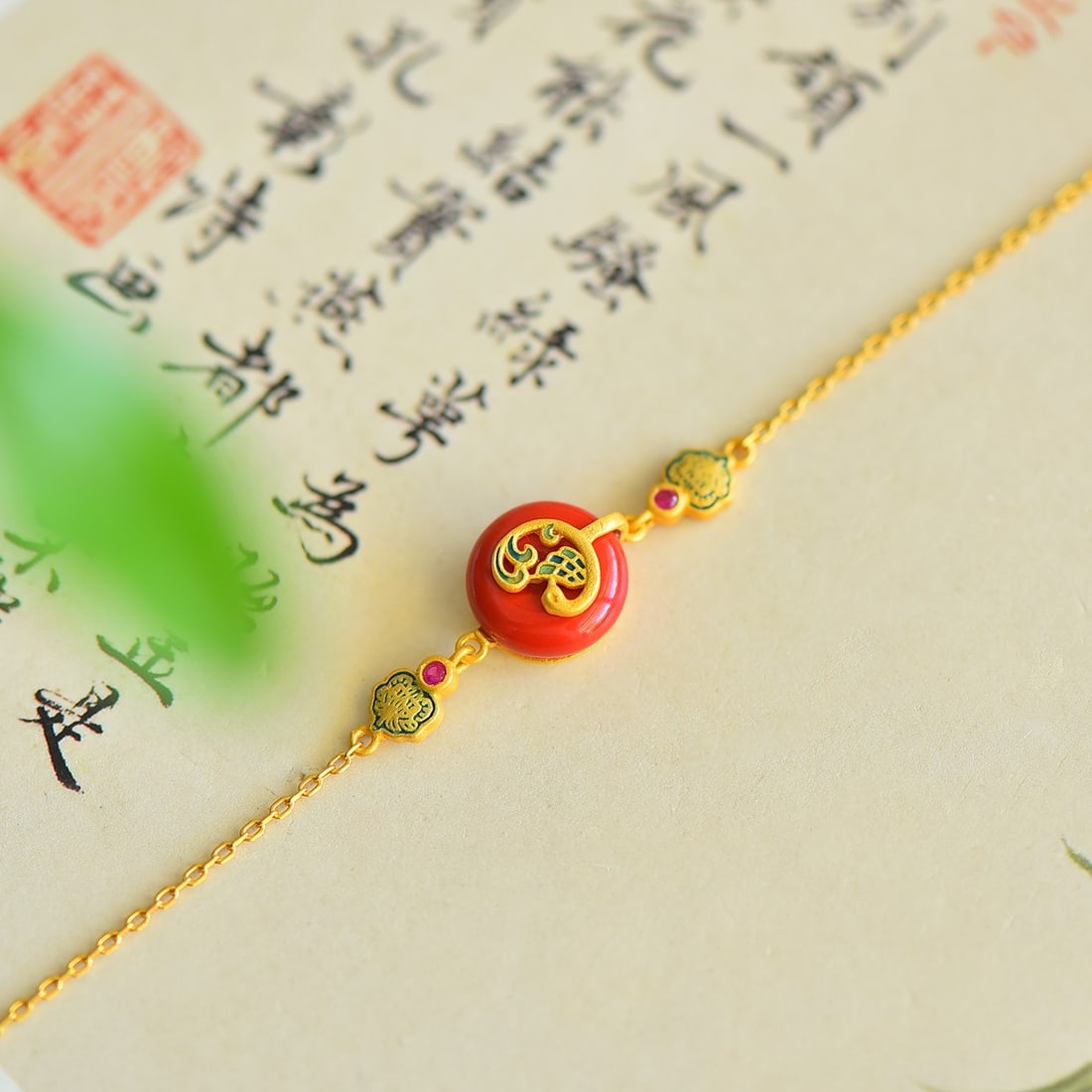 S925 silver inlaid with red cinnabar peacock safety buckle bracelet - 3