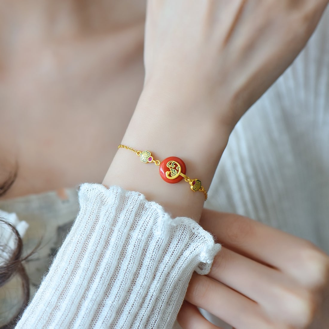 S925 silver inlaid with red cinnabar peacock safety buckle bracelet - 6