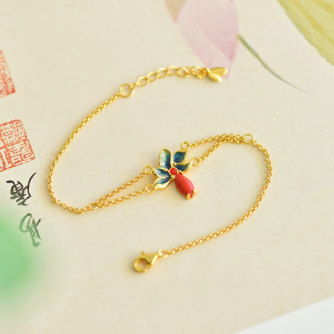 S925 silver inlaid with red cinnabar orchid bracelet - 2