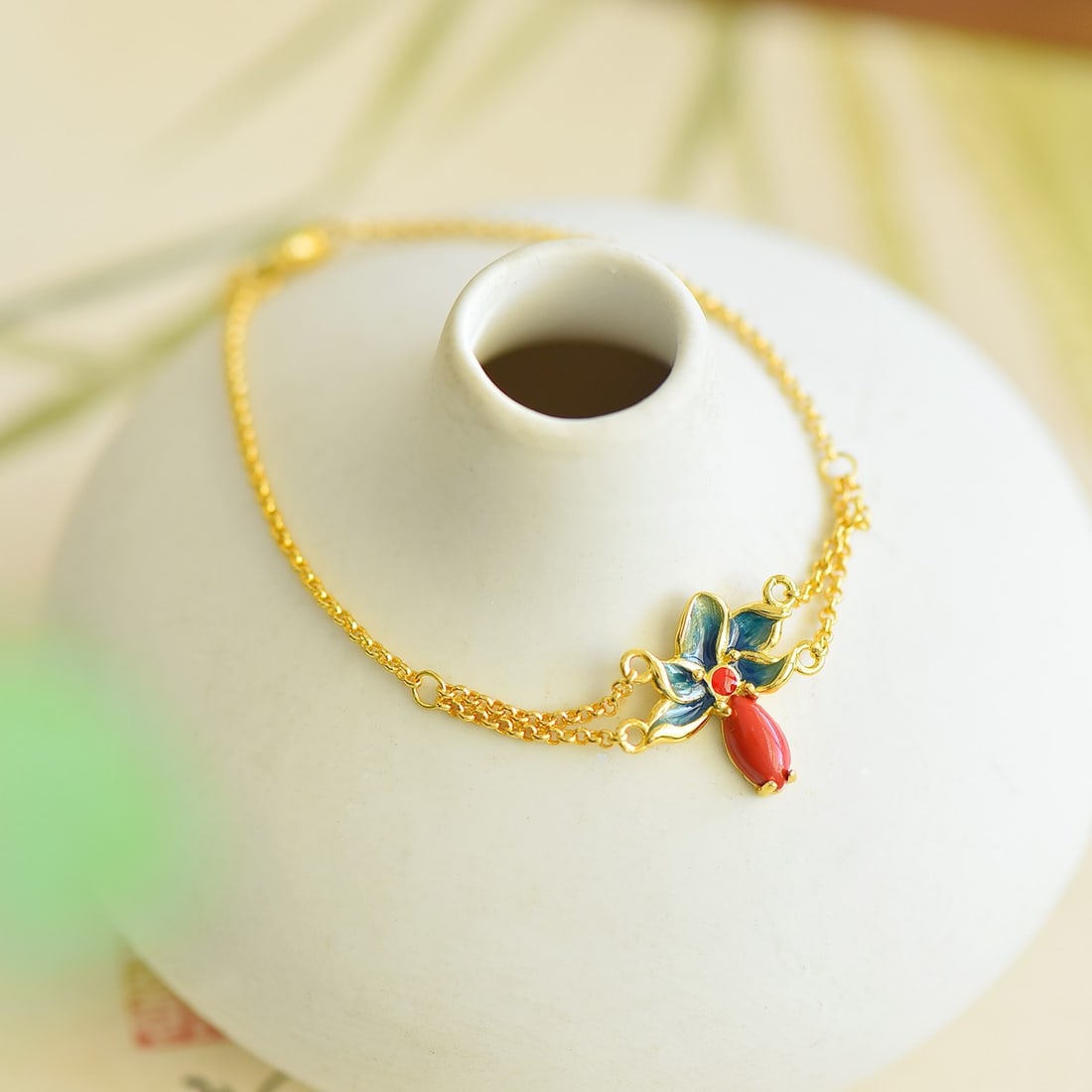 S925 silver inlaid with red cinnabar orchid bracelet - 4