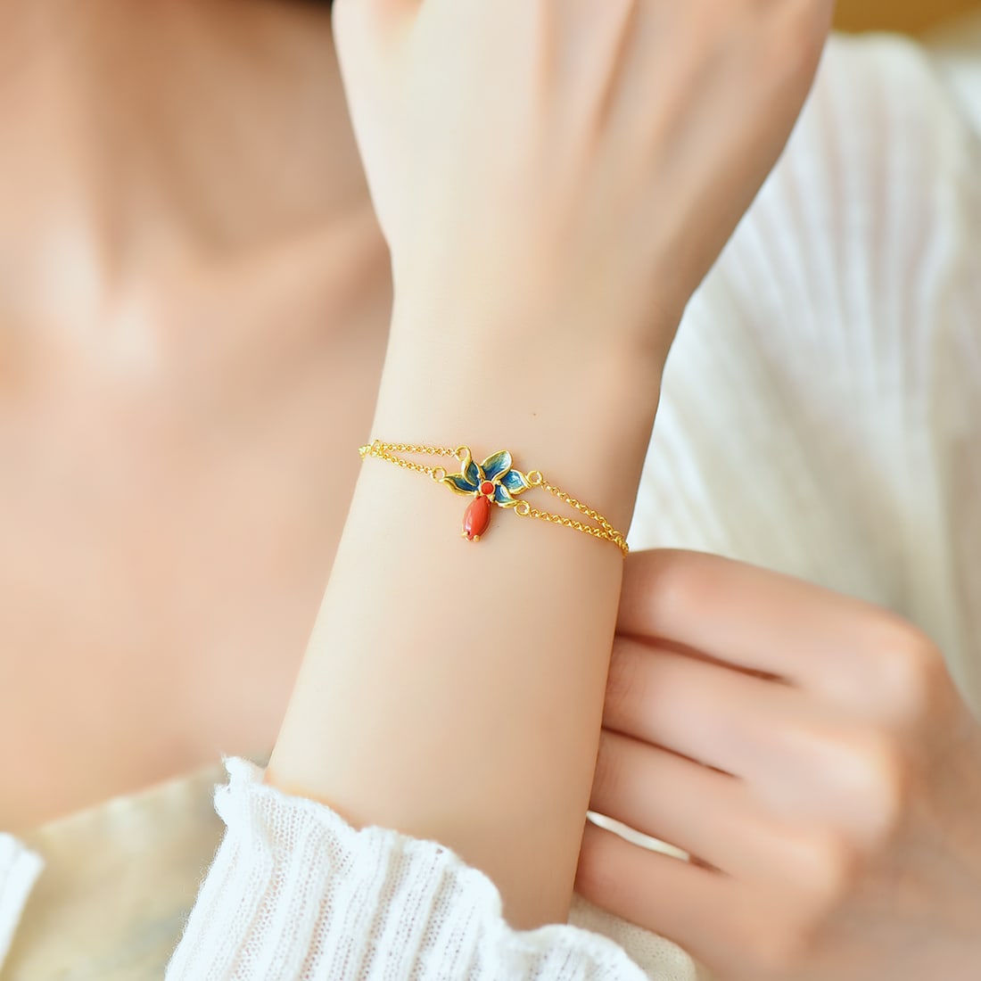 S925 silver inlaid with red cinnabar orchid bracelet - 6