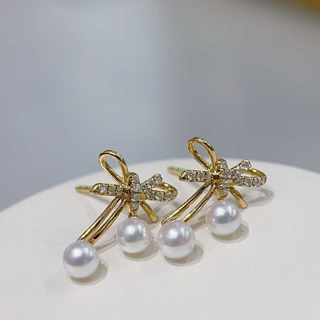 18K Gold Akoya Pearl Bow Stud Earrings - 3