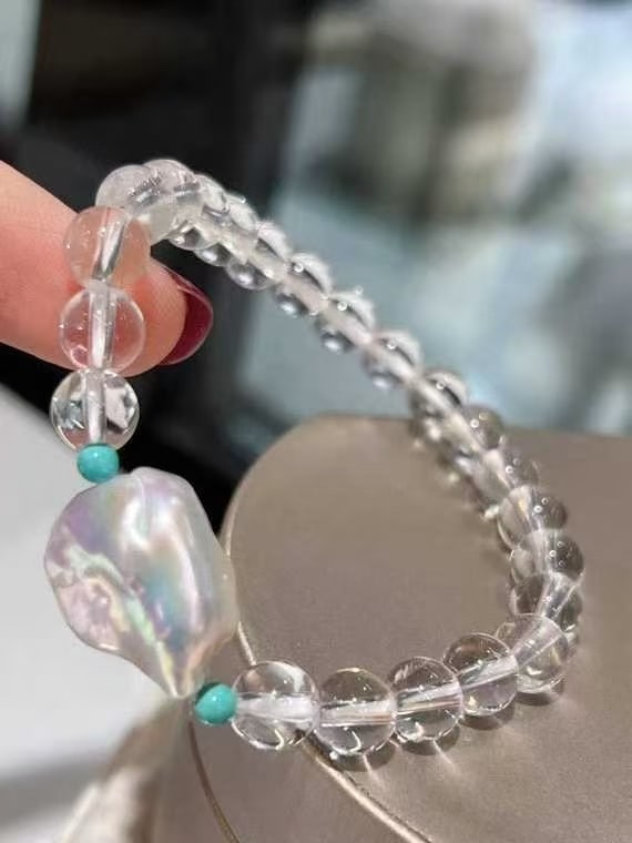 White crystal with pearl and turquoise bracelet - 4