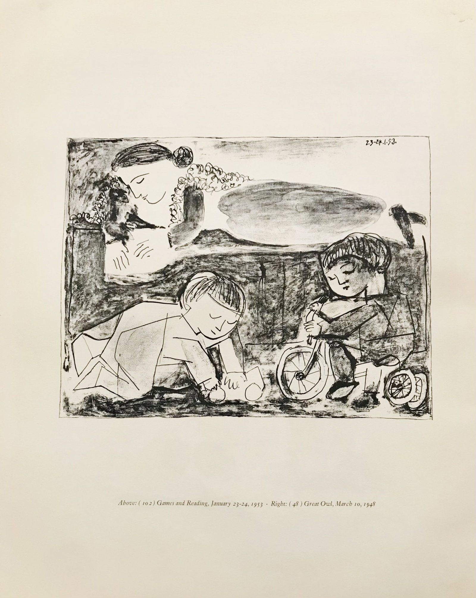 1959 Picasso lithograph Games and Reading: Title: 1959 Picasso lithograph Games and Reading Description: Artist: Pablo Picasso Country: Spain Title: Games and Reading Medium: Lithograph Paper Size: 17 x 14 inch Published: 1959 by