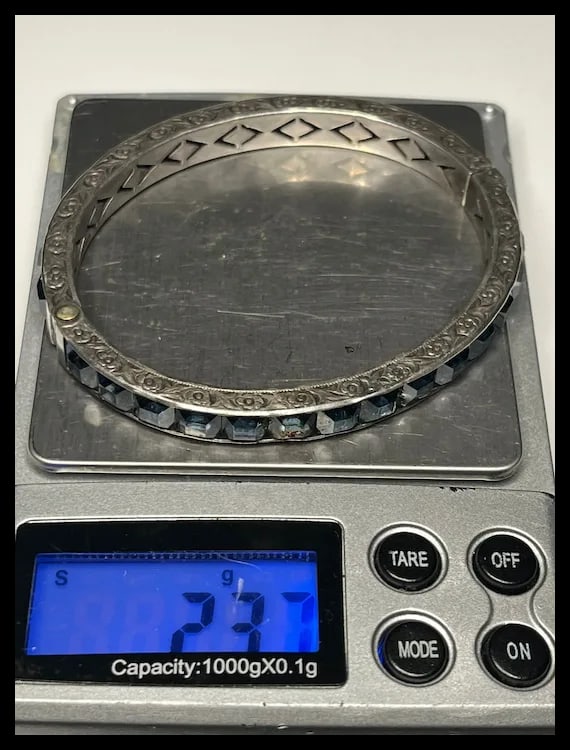 Art Deco Sterling & Faux Sapphire Rhinestone Channel Set Bracelet - 6