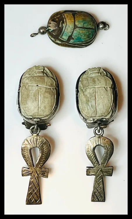 Vintage Hand carved Scarab Sterling Silver Earrings and Pendant Set - 2