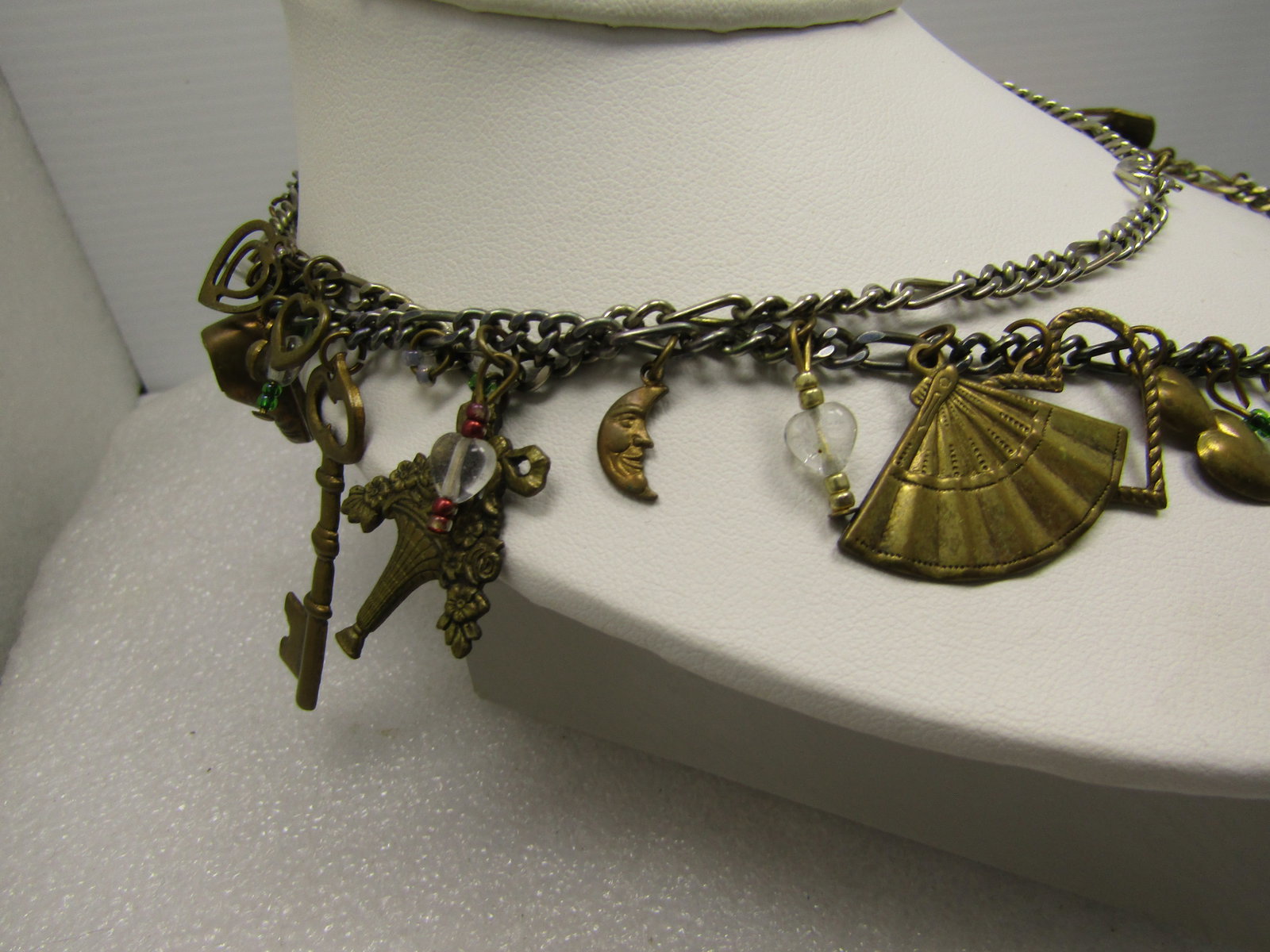 Vintage Brass Charm Necklace, 30" , Over 40 Charms and Dangle Beaded Accents, 1980's-1990's - 3