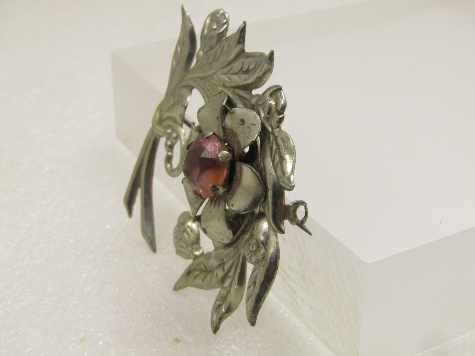 Vintage Pressed Metal Floral Stem Brooch with Rhinestone, 1930's-1940's - 2