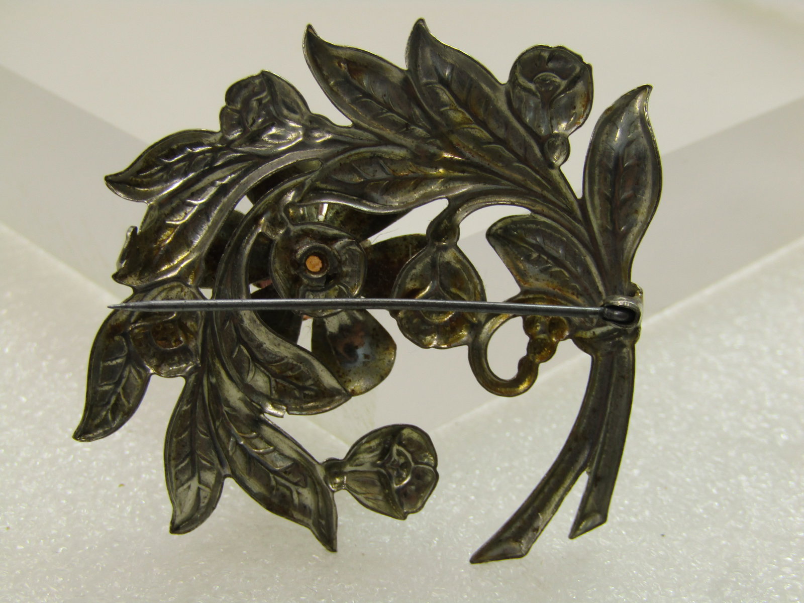 Vintage Pressed Metal Floral Stem Brooch with Rhinestone, 1930's-1940's - 4
