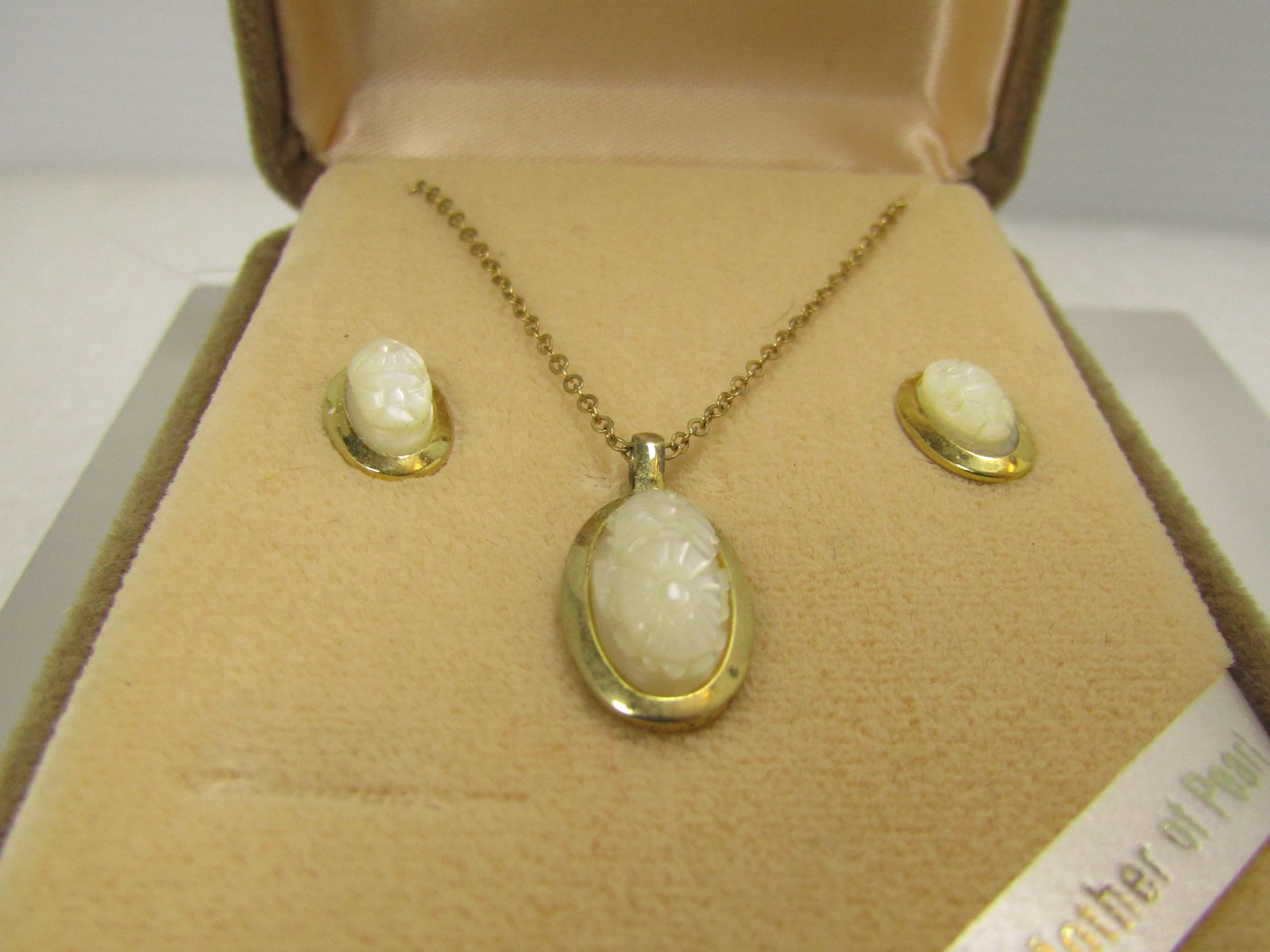 Vintage Carved Floral Cameo Necklace & Earrings, Imperial, 4kt GF Original Box, 1960's - 2