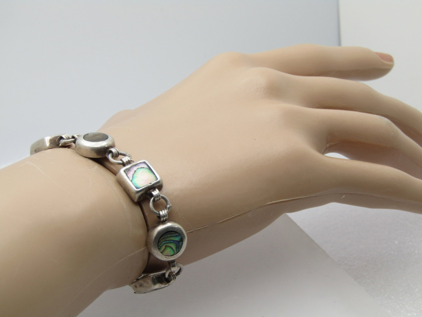 Vintage Sterling Abalone Mexican Bracelet, 7.25, Toggle Clasp, 1980's-1990's. This has eight links - 6