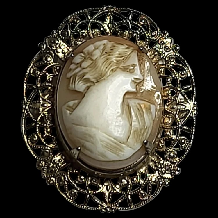 Vintage Hand-Carved Shell Cameo Filigree Brooch (1 of 5)