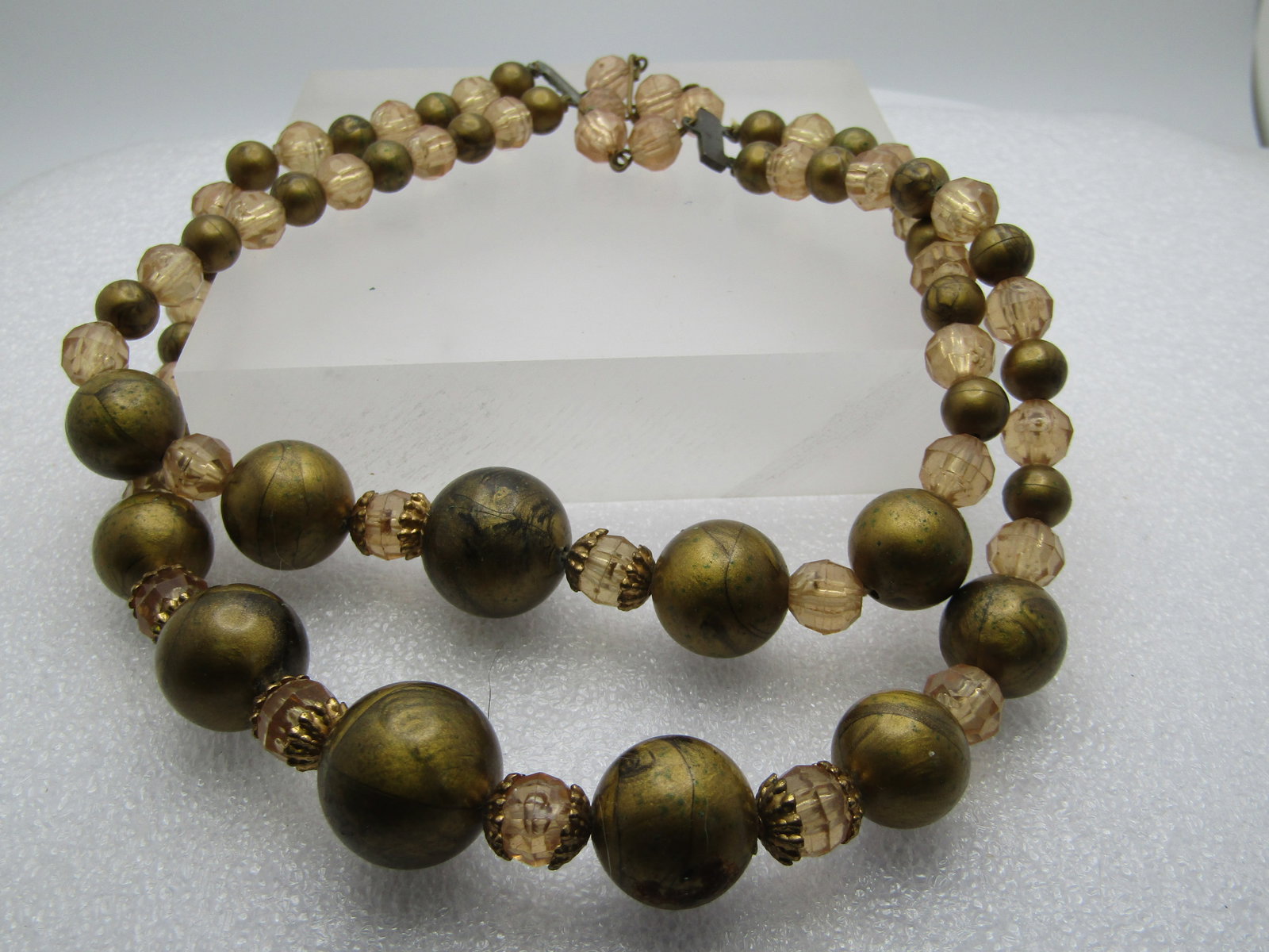 Vintage Gold/Black/Blush Beaded Necklace Double Strand, Mid-Century, 17" - 5