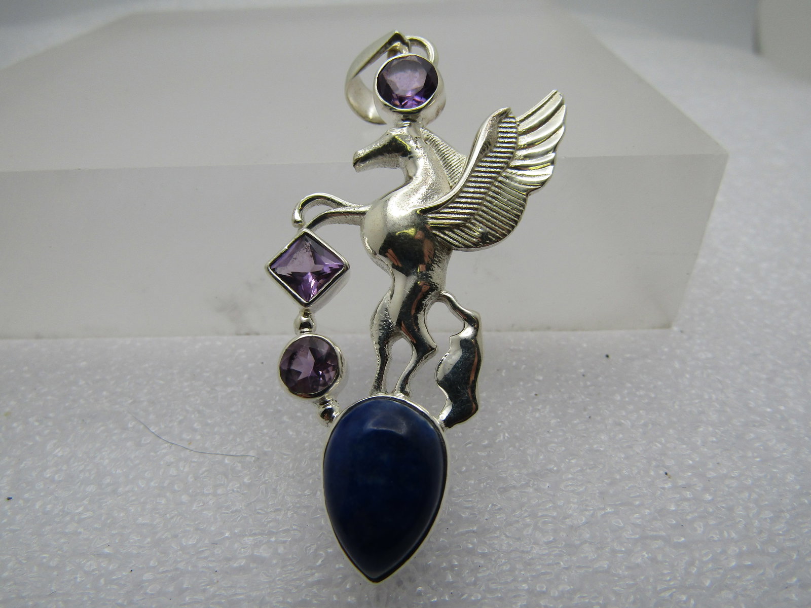 Sterling Silver Pegasus Pendant, Amethyst & Sodalite, 2.25" - 2