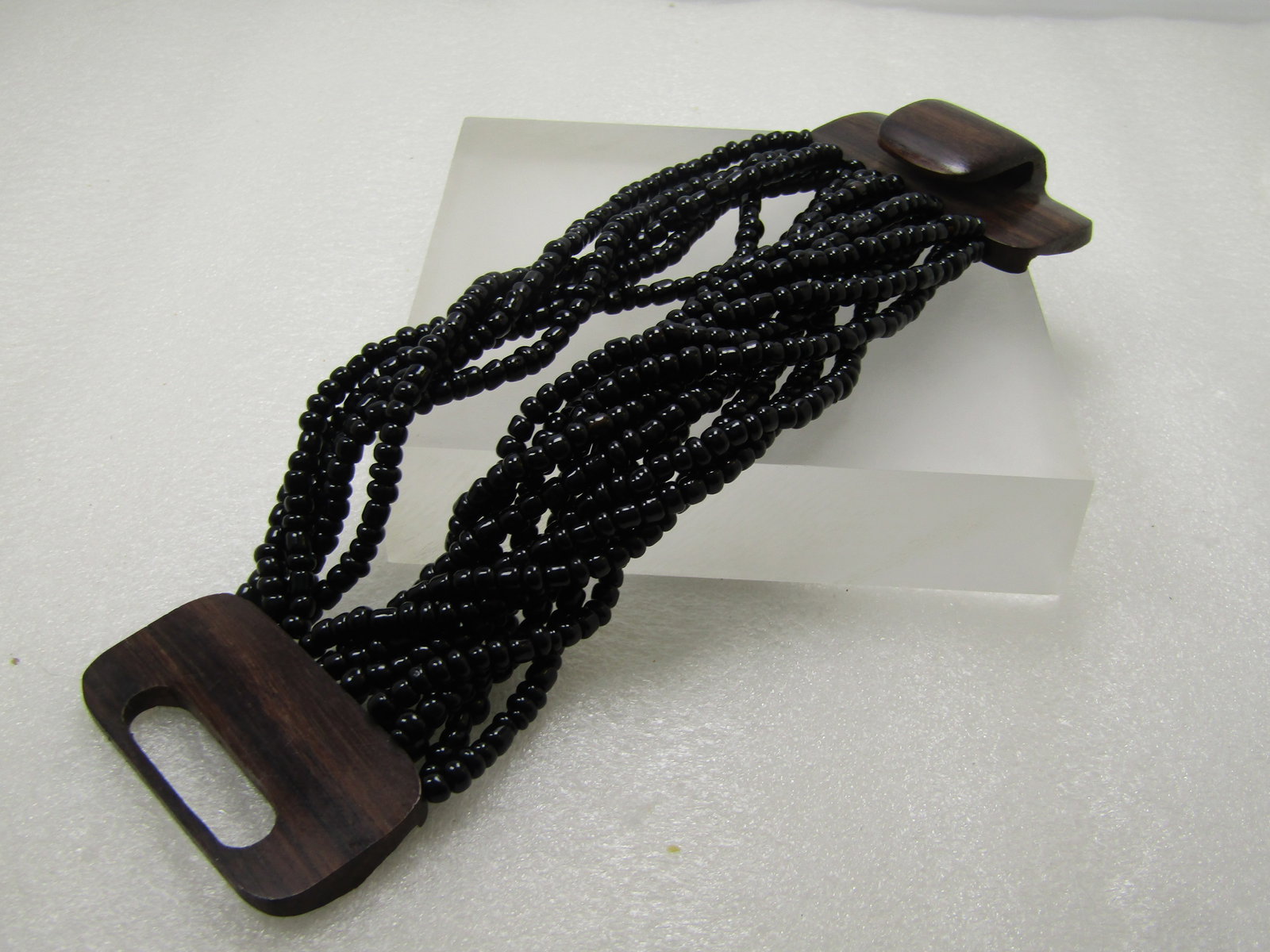 Vintage 16 Strand Black Beaded Bracelet, Wood Wide Clasp, 7.5", 1980's - 4