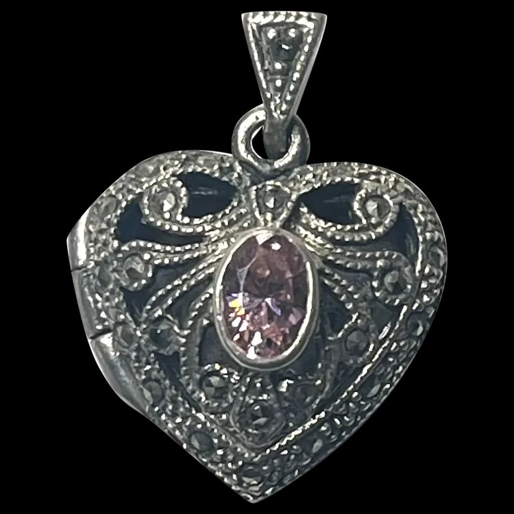 Vintage Sterling Silver Marcasite Heart Locket with Pink Oval Stone (1 of 7)