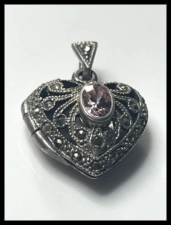 Vintage Sterling Silver Marcasite Heart Locket with Pink Oval Stone - 3
