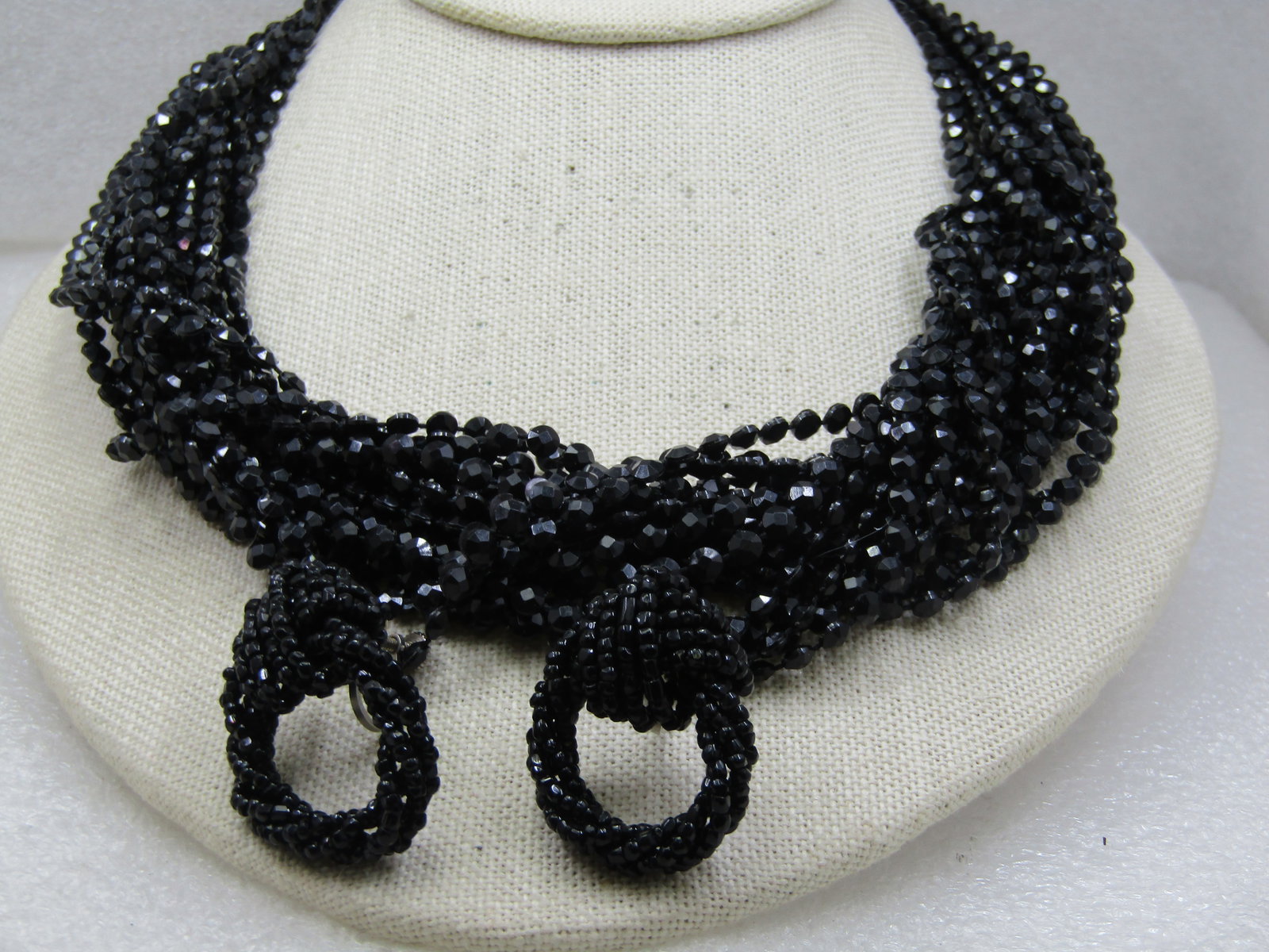 Vintage 22 Strand Black Beaded Necklace And Czech Screw Back Earrings, Mid-Century - 2