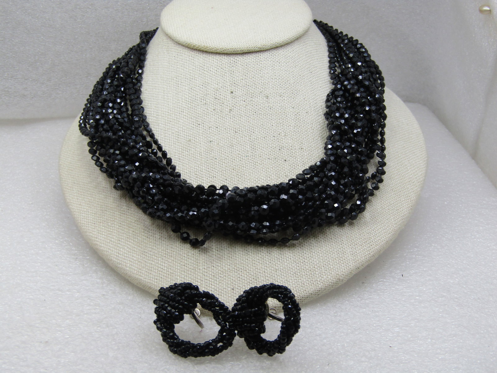 Vintage 22 Strand Black Beaded Necklace And Czech Screw Back Earrings, Mid-Century - 3