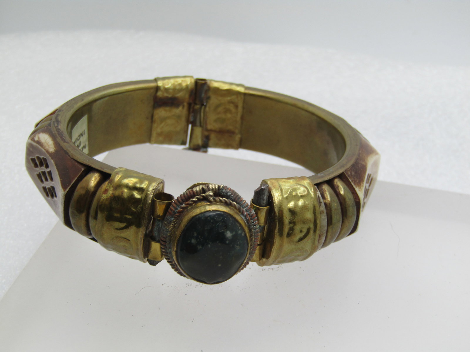 Vintage Bone Carved Hinged Bangle Bracelet with Stone, Pin Clasp, 7.75" - 2