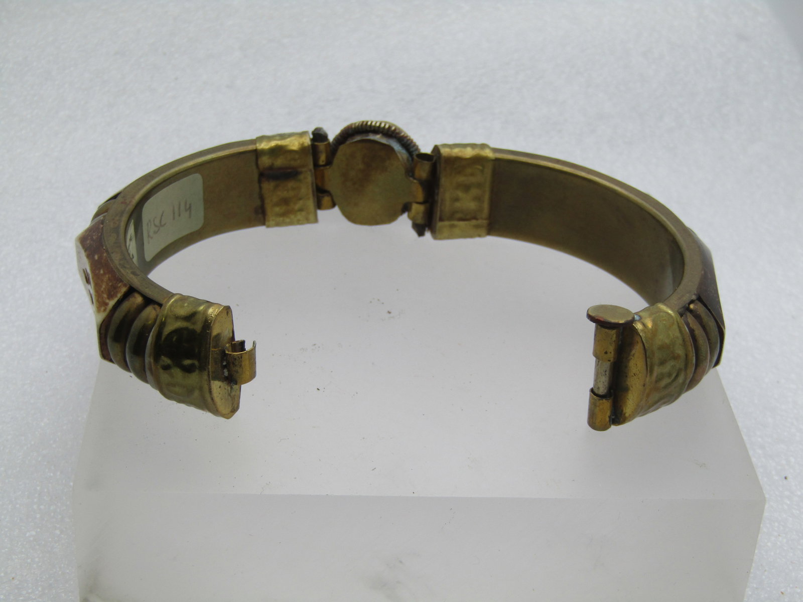 Vintage Bone Carved Hinged Bangle Bracelet with Stone, Pin Clasp, 7.75" - 4
