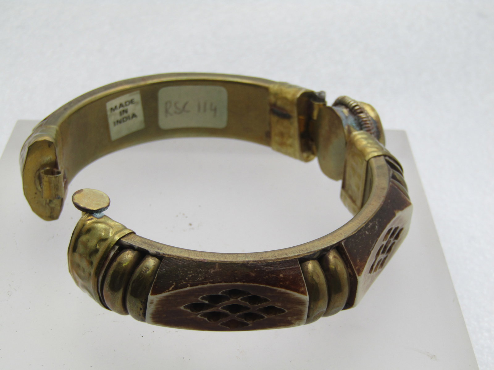 Vintage Bone Carved Hinged Bangle Bracelet with Stone, Pin Clasp, 7.75" - 5