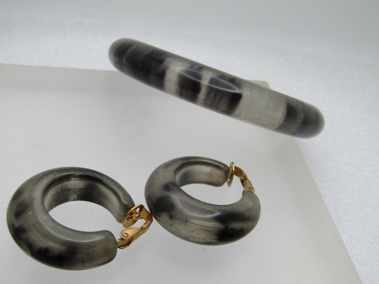 Vintage Clear & Black Bangle Bracelet & Clip Earrings, 1960's-1980's - 4