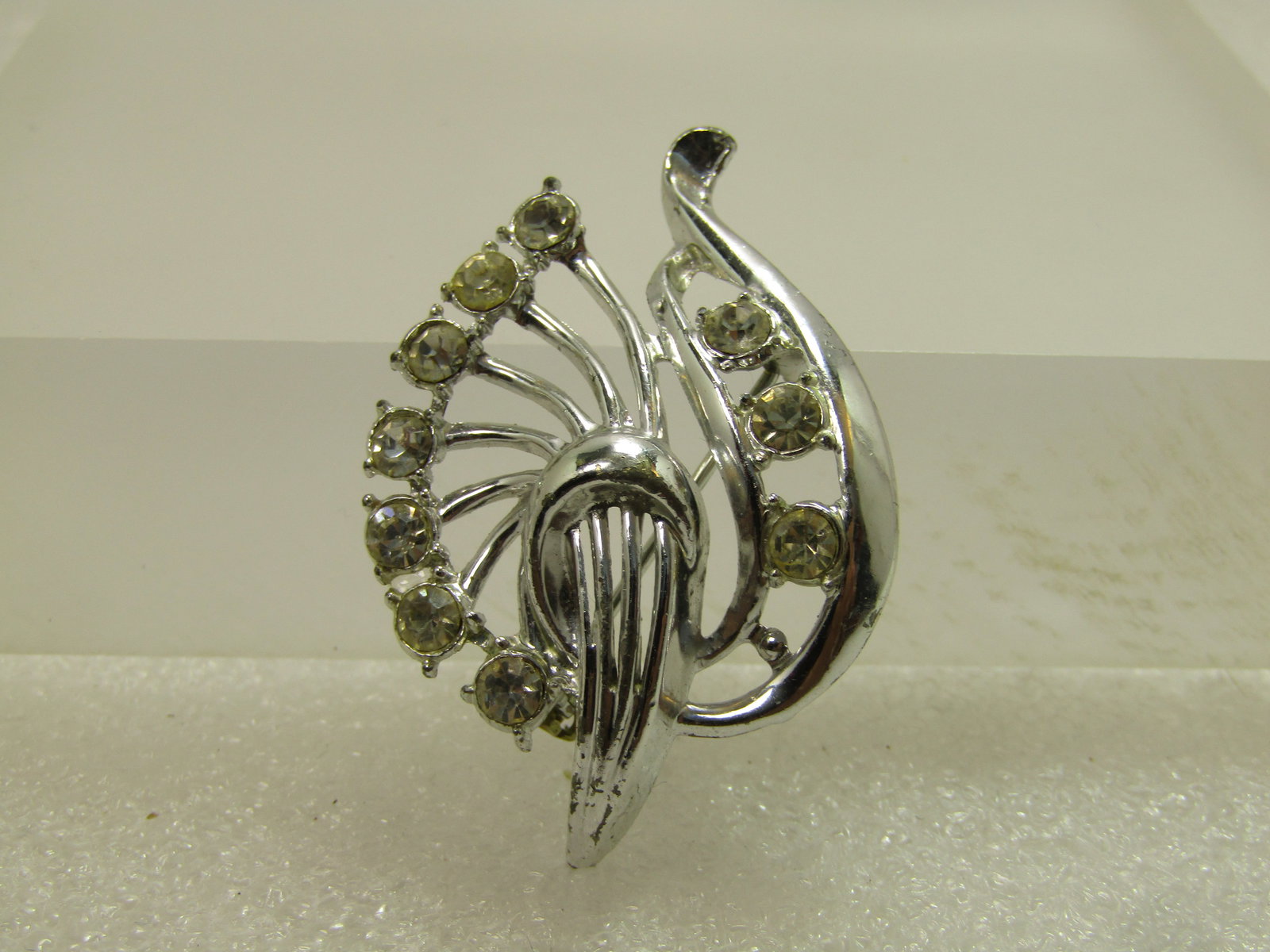 Vintage Silver Tone Rhinestone Brooch, Mod Shaped, 1960's-1970's (1 of 5)