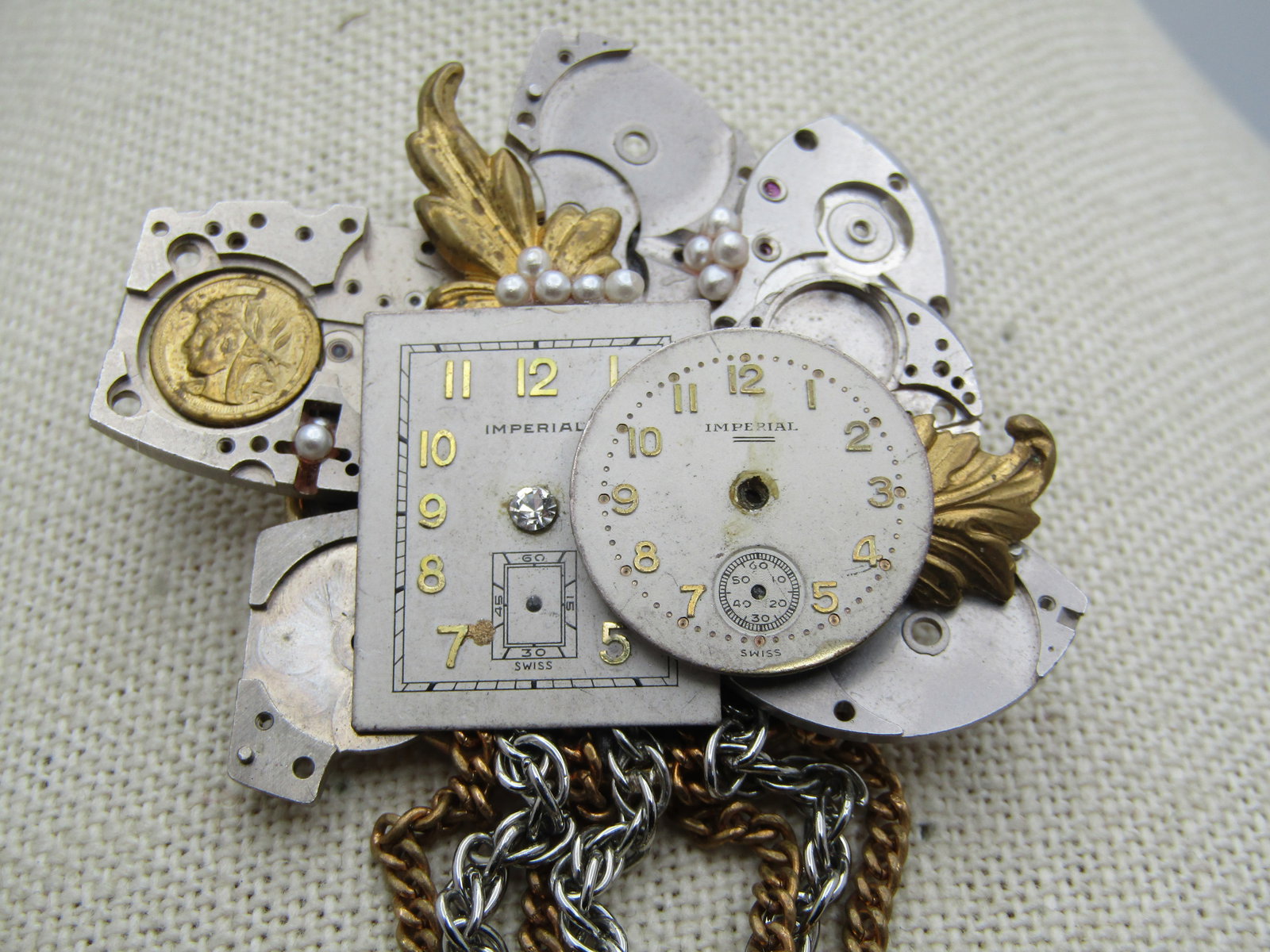 Vintage Watch Face/Gears Brooch, Long Dangles, Steampunk Vibe, 1980's-1990's, - 3