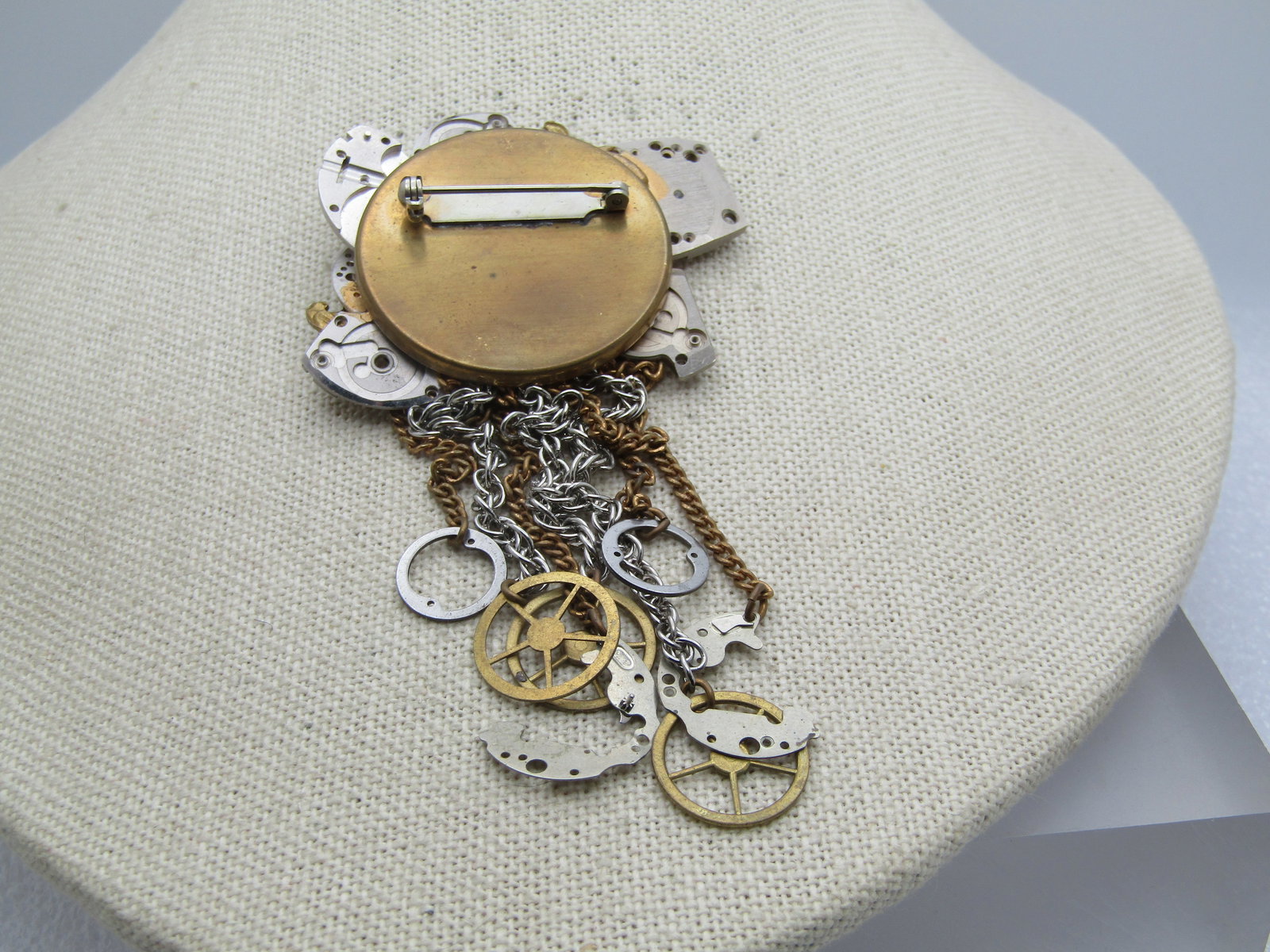 Vintage Watch Face/Gears Brooch, Long Dangles, Steampunk Vibe, 1980's-1990's, - 5